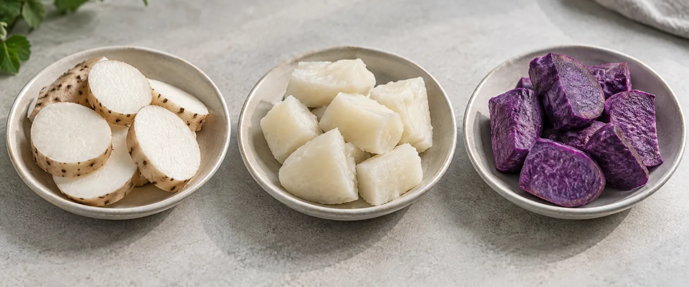 Three differently colored and shaped yam preparations