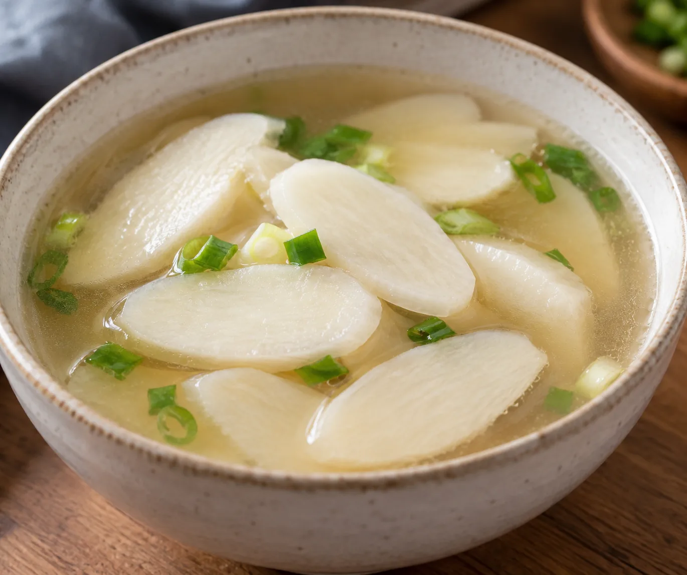 Pale Chinese yam slices in a clear soup