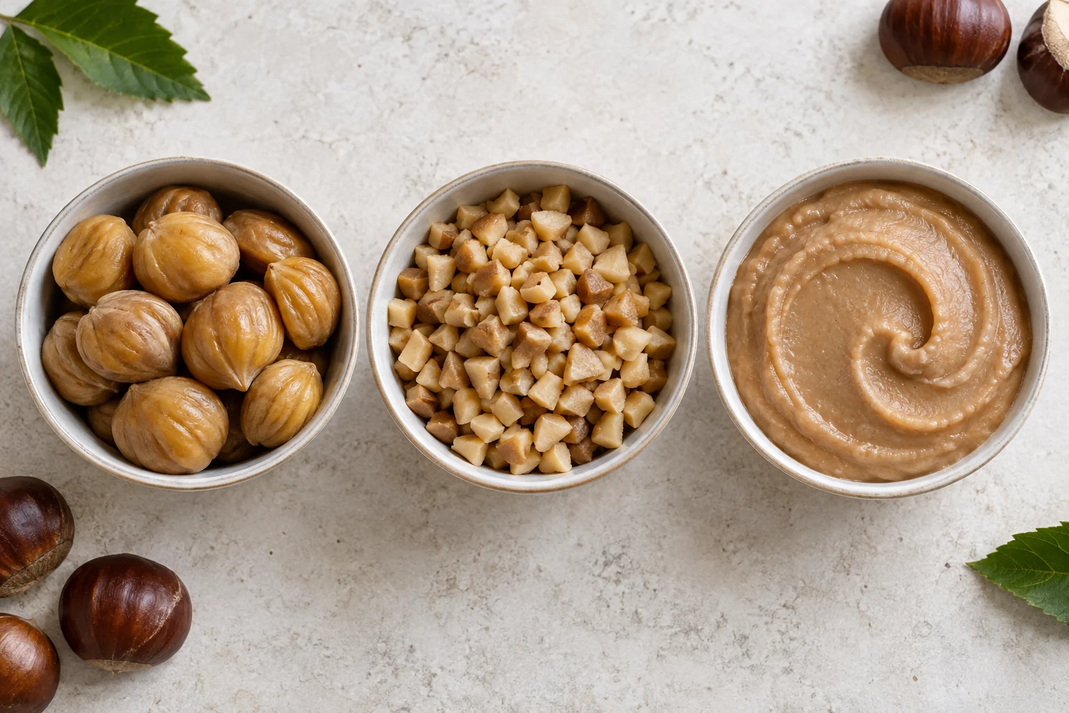 Whole chestnut kernels, diced pieces and smooth puree in separate bowls