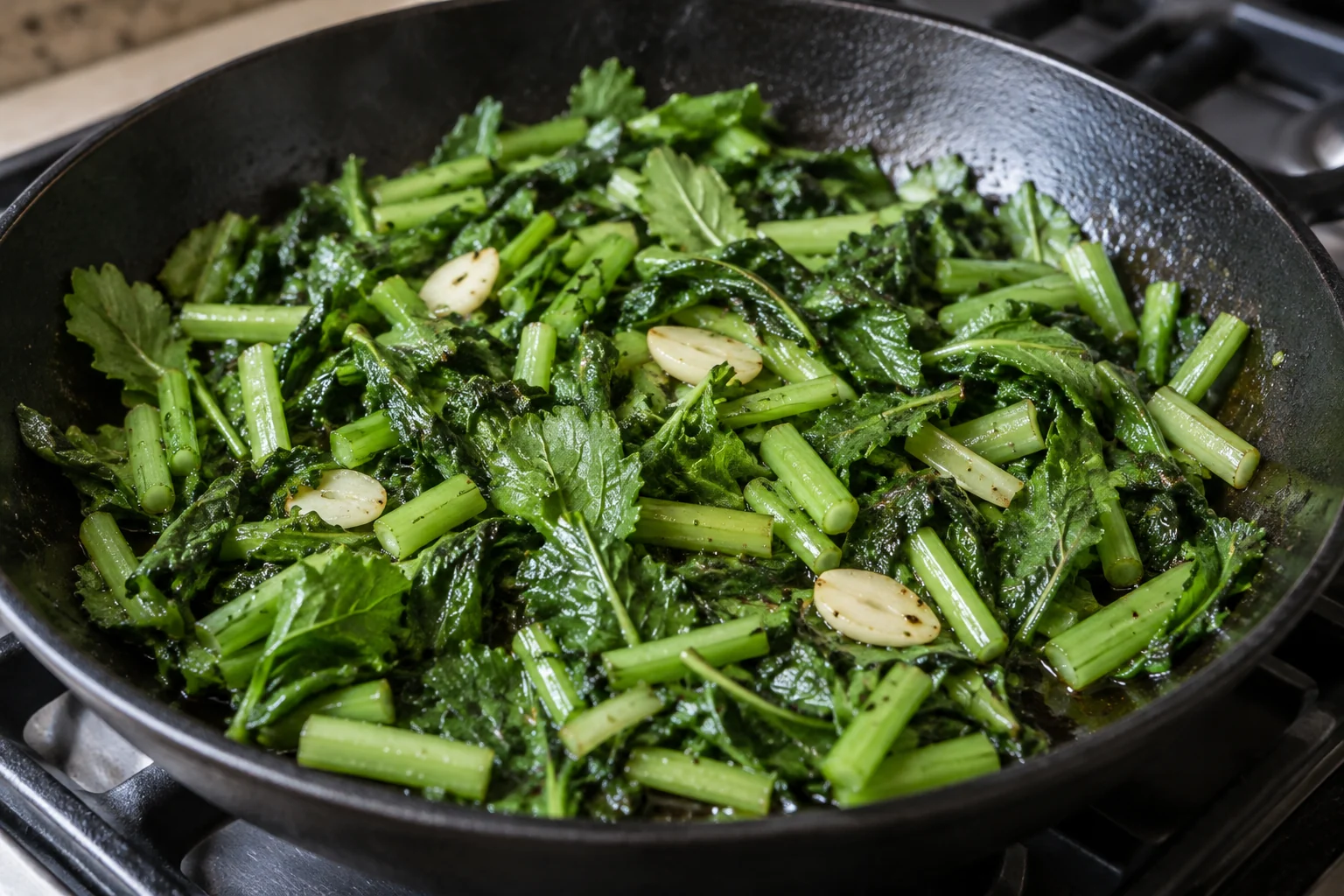 Radish greens quickly stir-fried with garlic