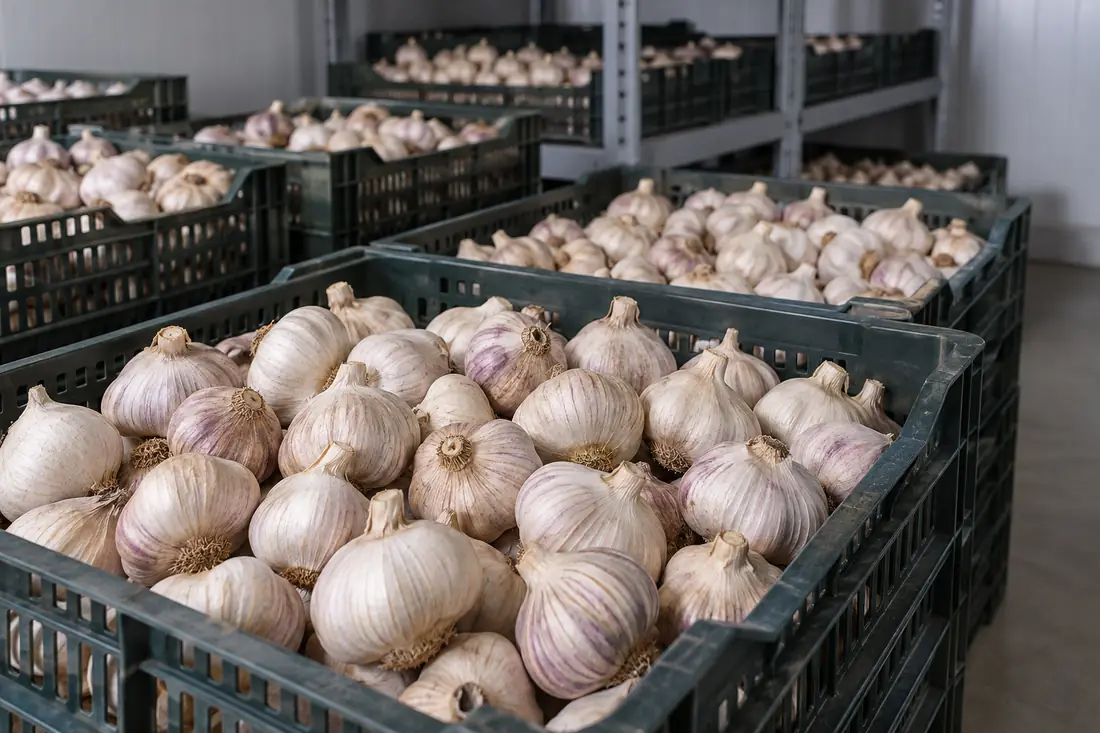 Cured garlic bulbs in ventilated produce crates