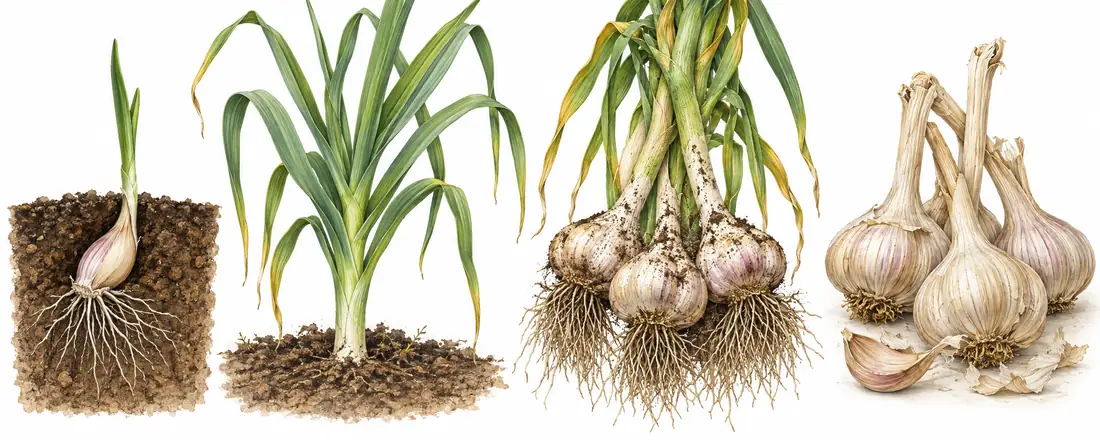 Garlic planted clove, growing plant, lifted bulbs and cured bulbs