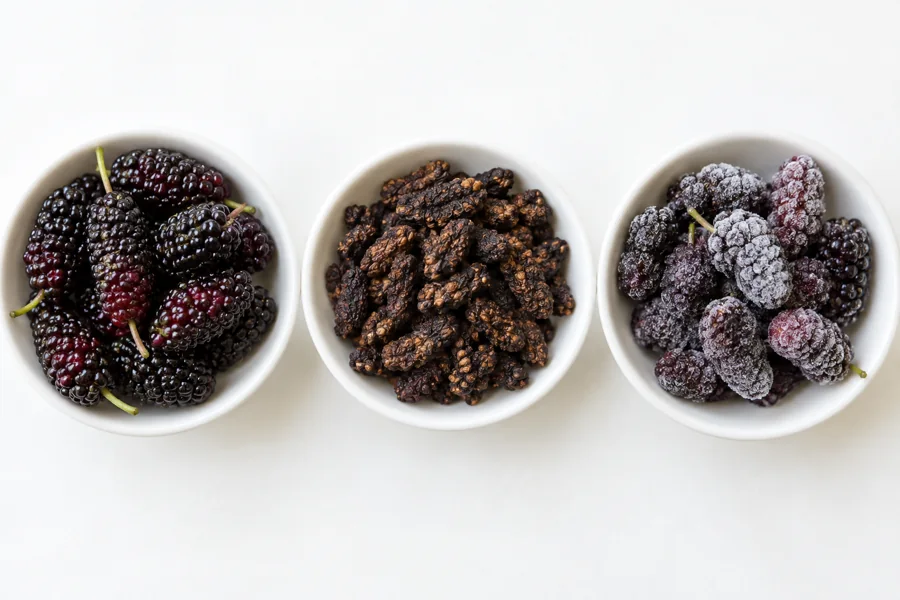 Fresh, dried and frozen mulberries in three bowls
