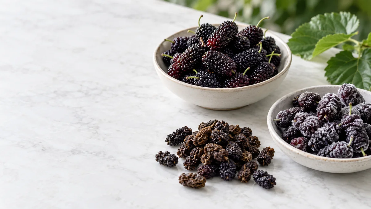 Fresh, dried and frozen mulberries presented in separate forms