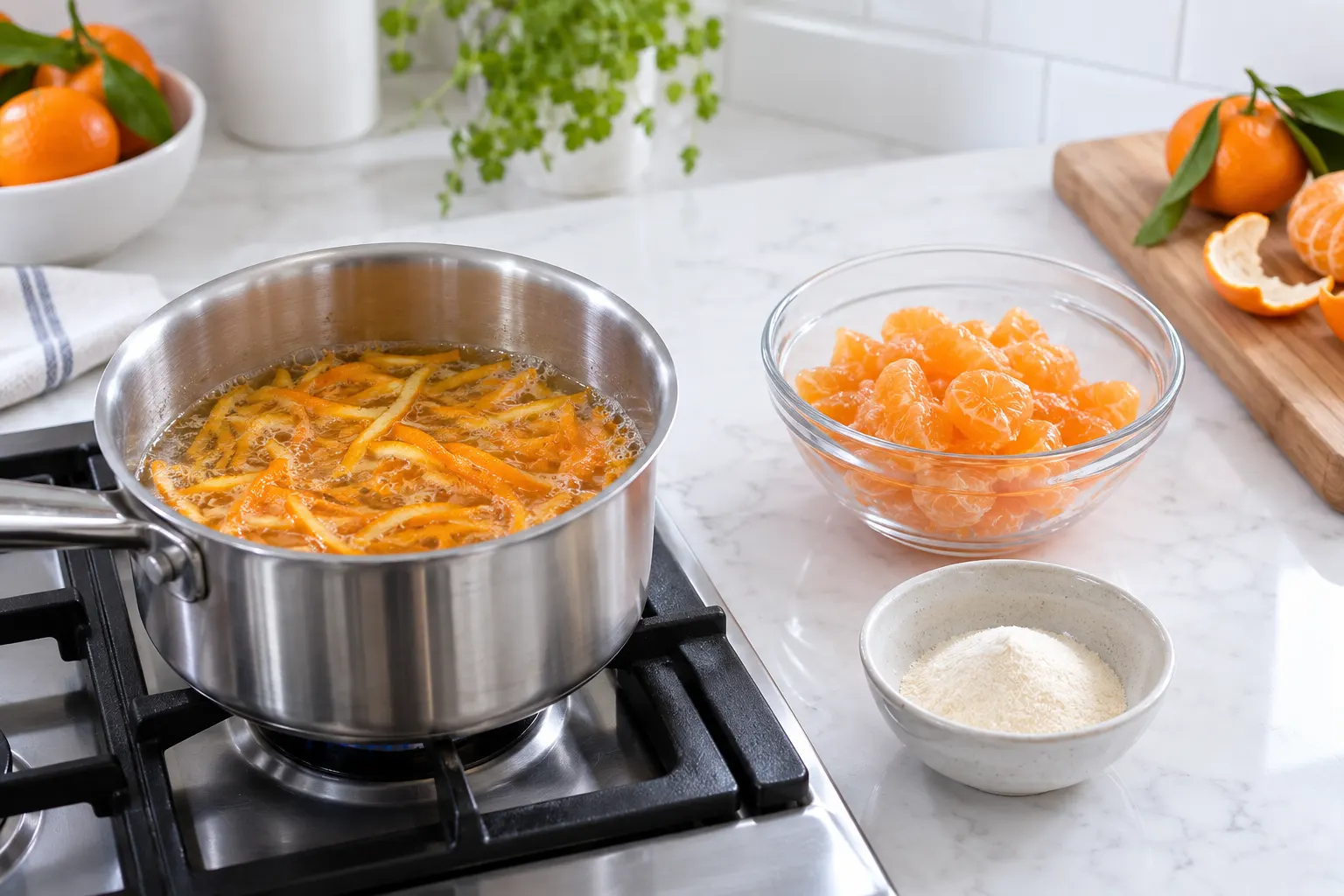 Citrus peel shreds, peeled mandarin pulp and pectin kept separate