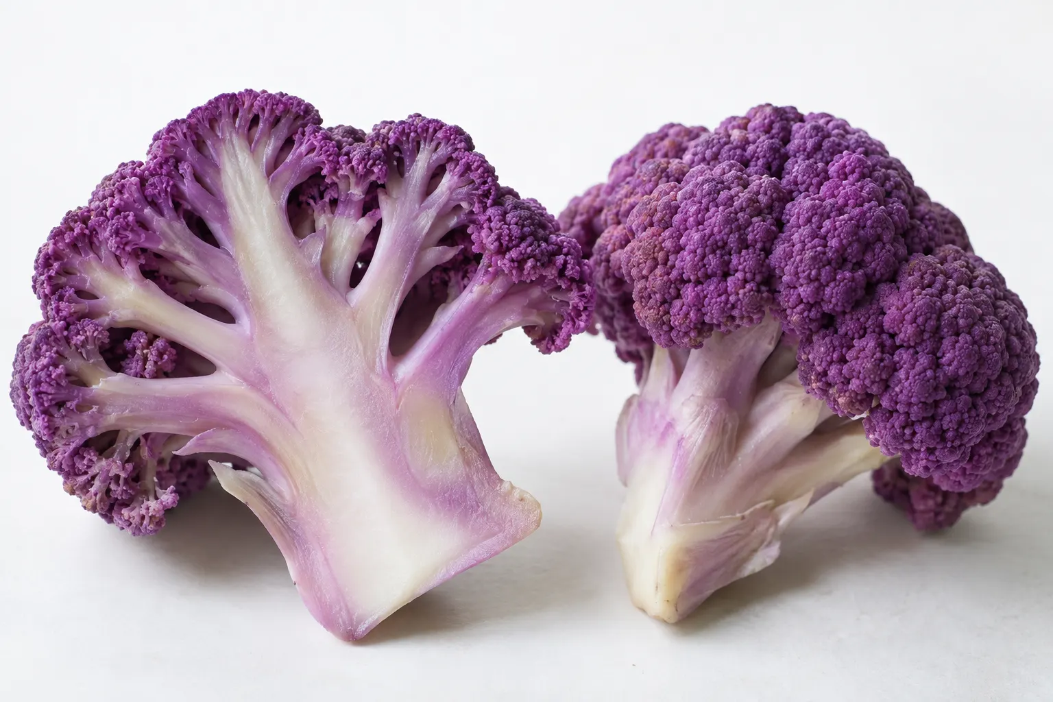 Naturally purple cauliflower curd with pale branching stem