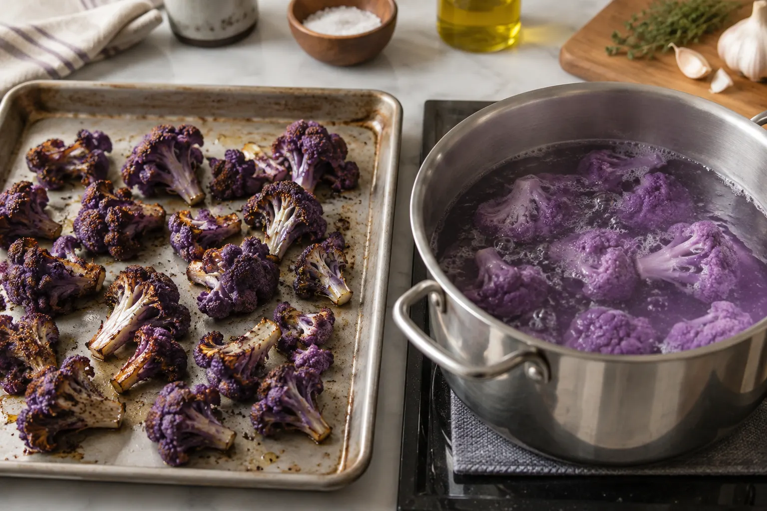 Purple cauliflower roasted on a tray beside florets in purple-tinted boiling water