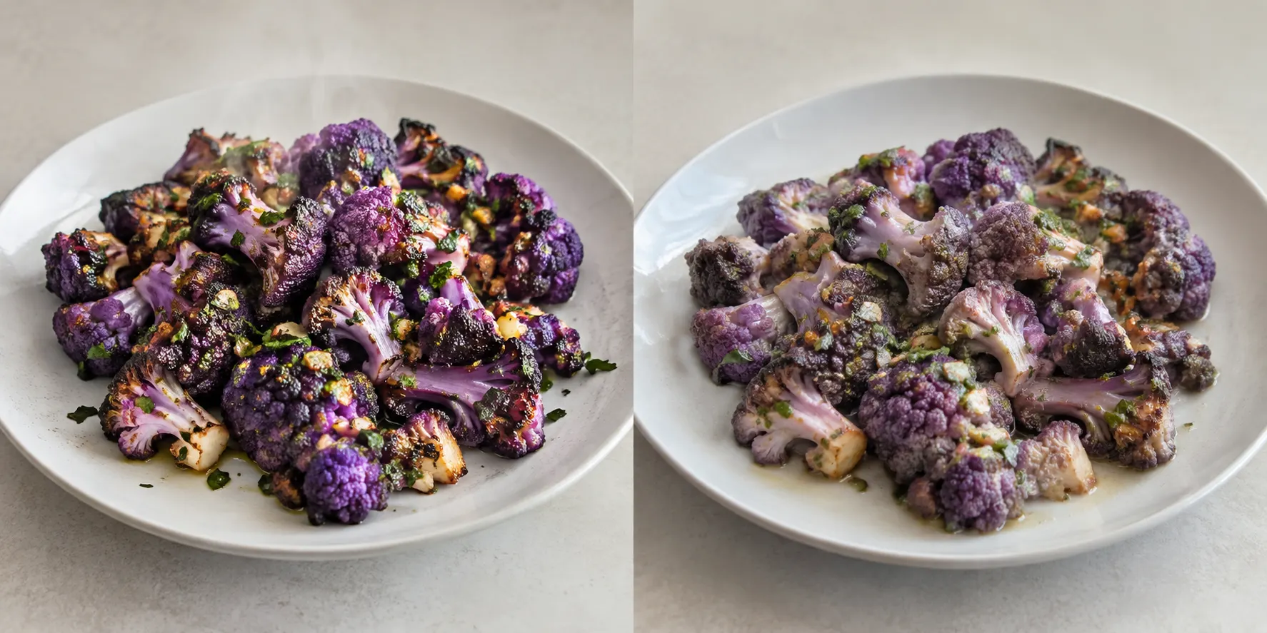 Purple cauliflower dish before and after chilled holding and reheating
