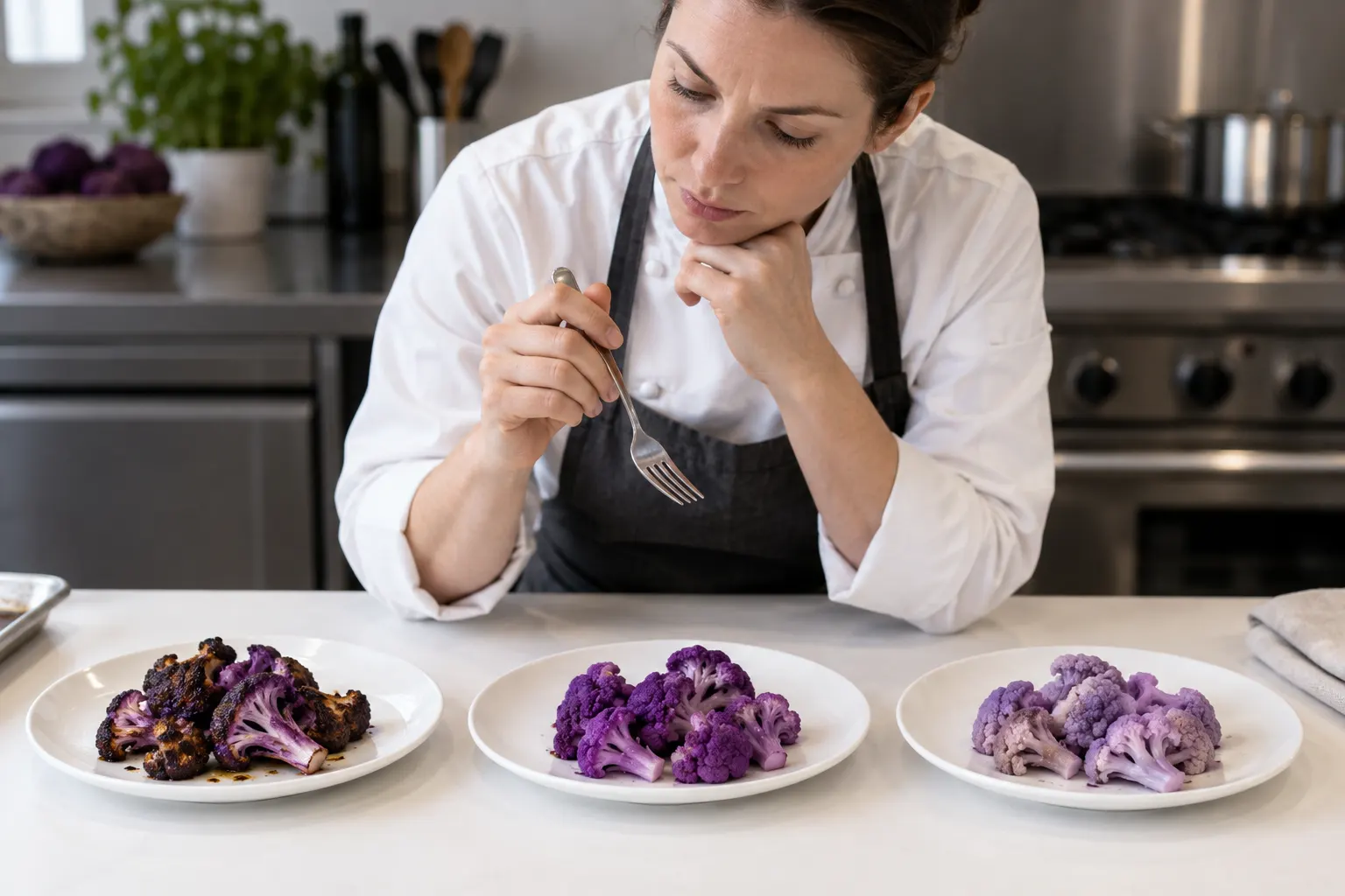 Roasted, steamed and boiled purple cauliflower portions compared on plates