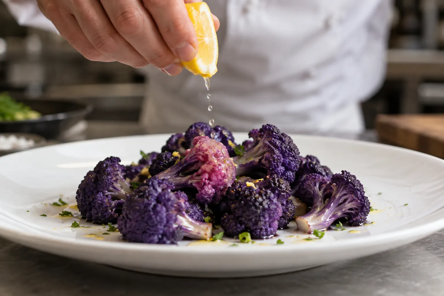 Lemon added to cooked purple cauliflower with a localized pink area