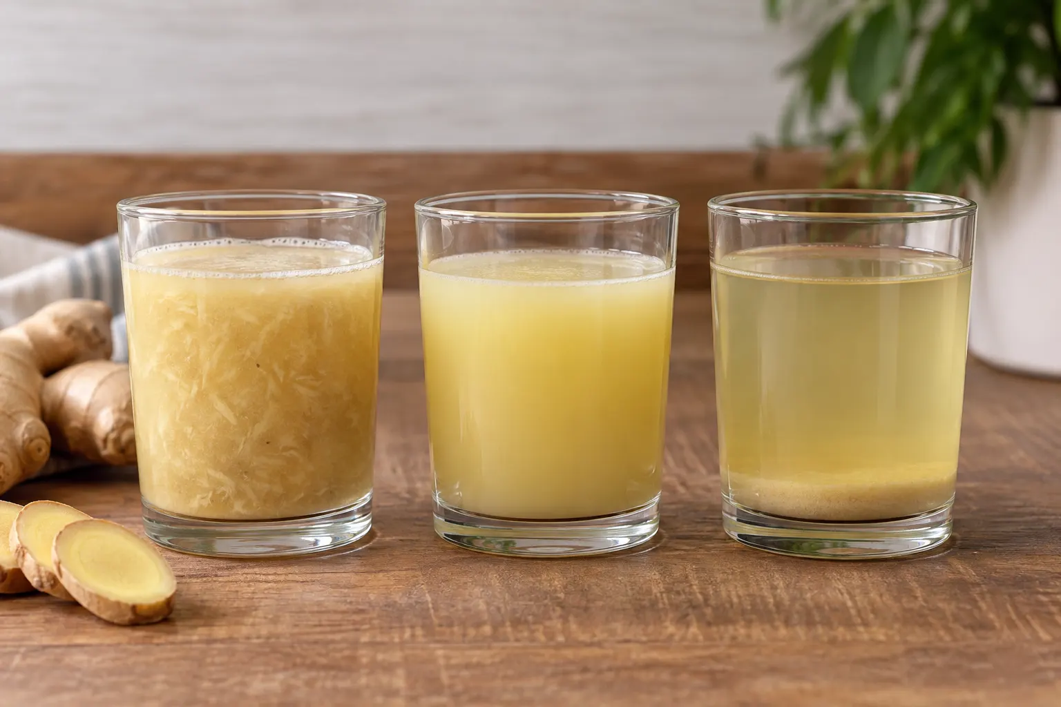 Ginger liquids with different clarity and sediment levels