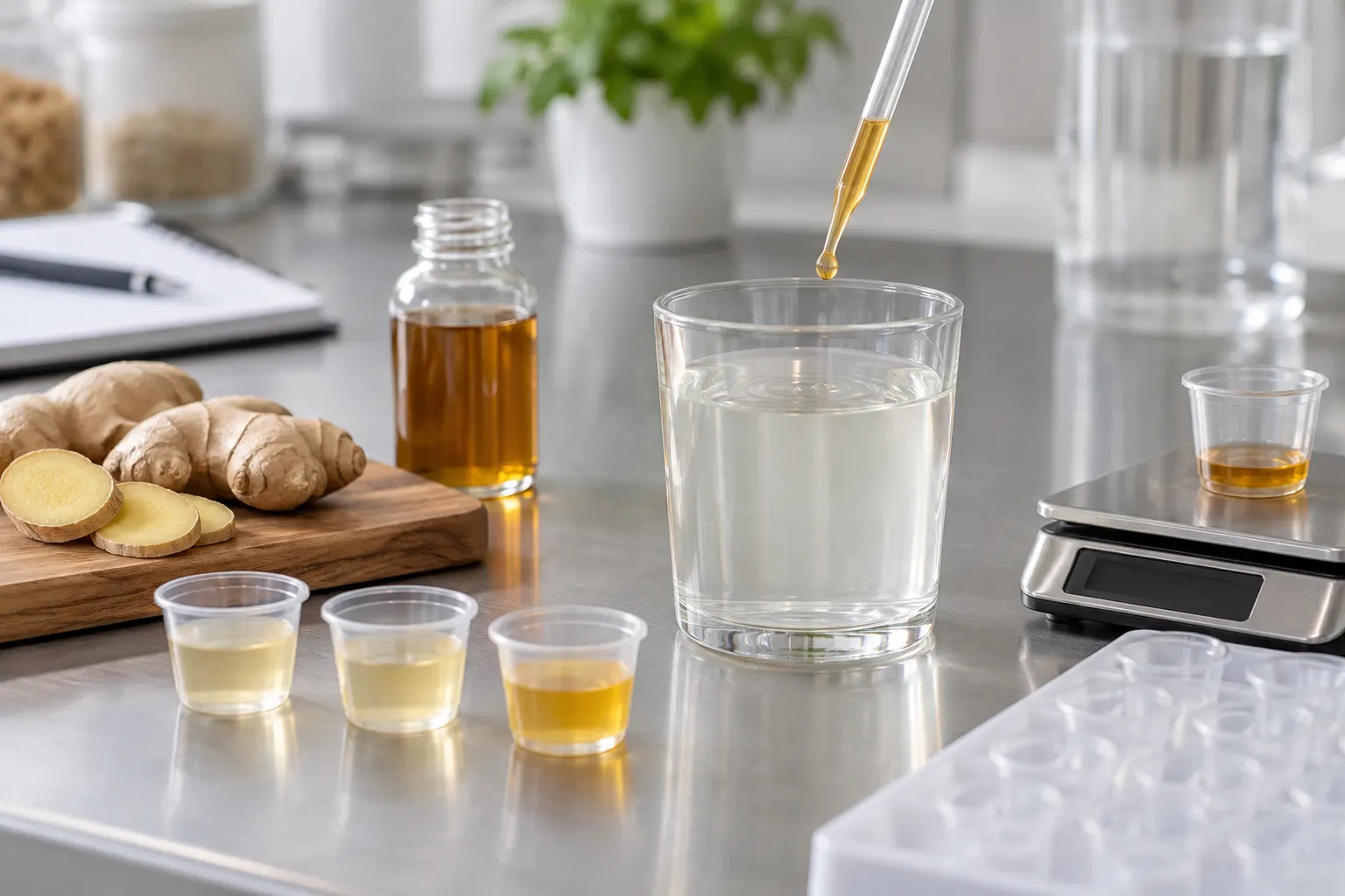 Small measured ginger extract portion added to a beverage test sample