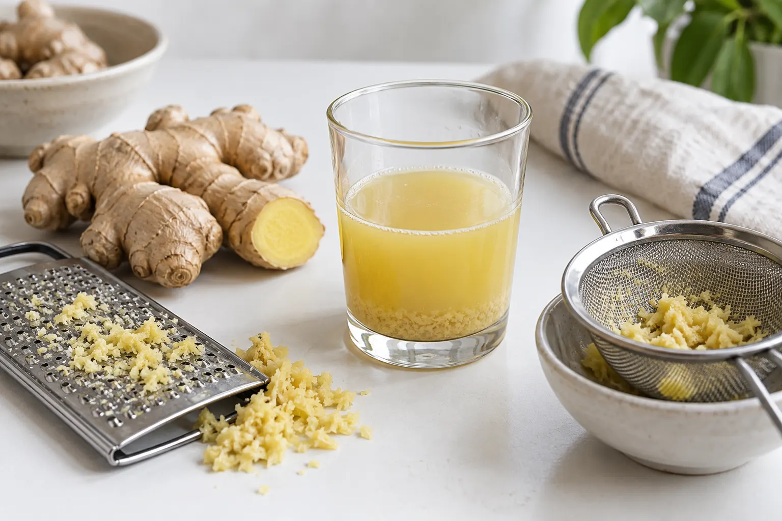 Ginger root with a grater, mesh press and measured juice