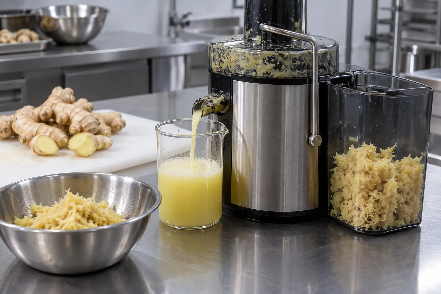 Juicer separates ginger liquid from fibrous spent pulp
