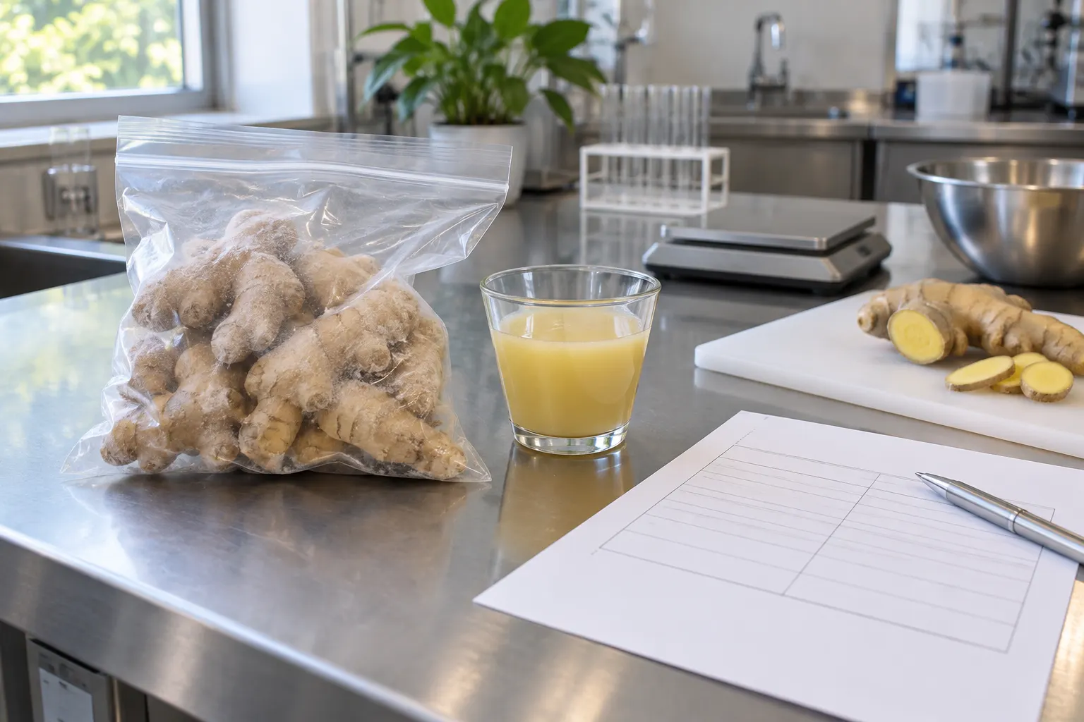 Frozen root and ginger juice samples on a blank development table