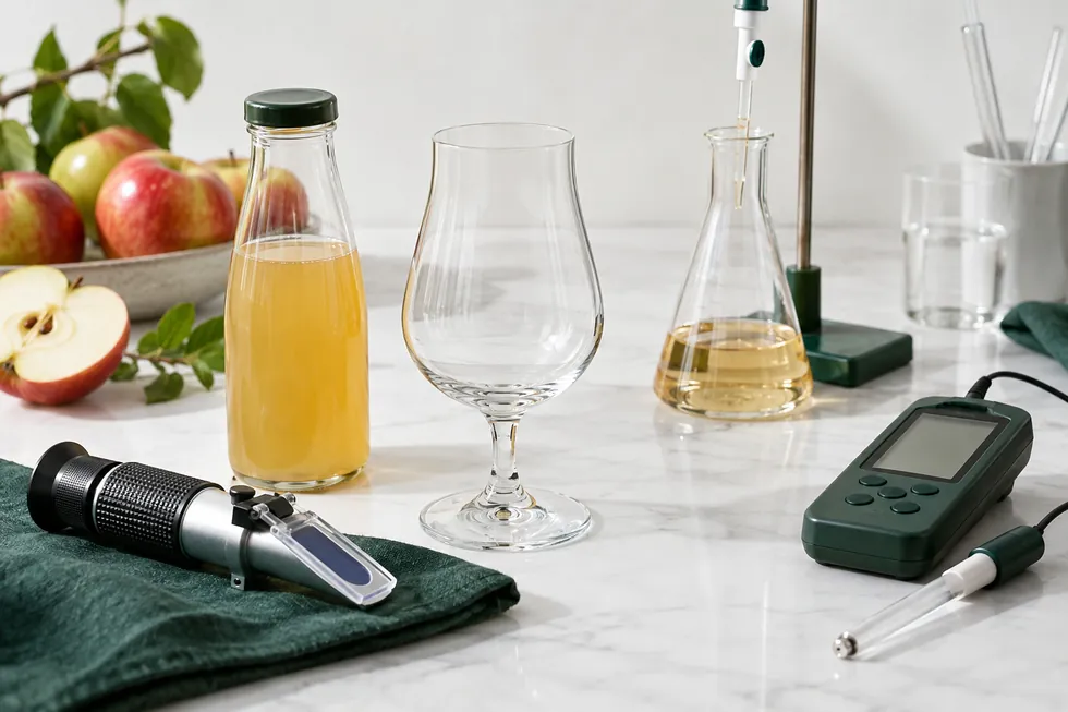 Apple juice with refractometer and acidity testing tools