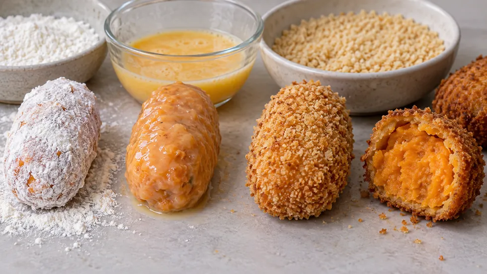 Croquette portions at flour, wet and crumb stages