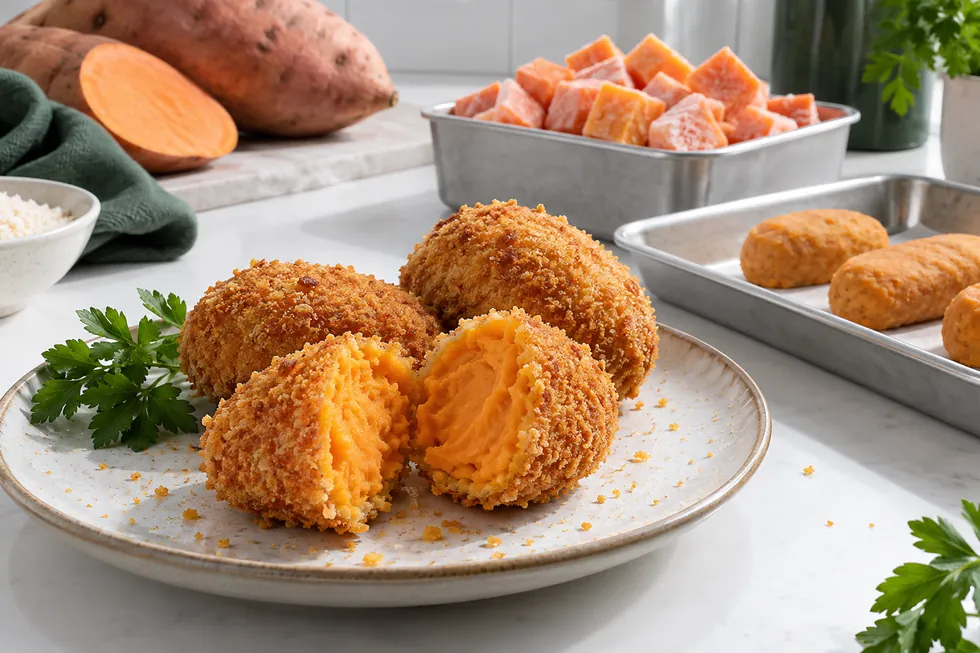 Cut sweet potato croquette showing its orange core and crumb shell Cut sweet potato croquette showing its orange core and crumb shell