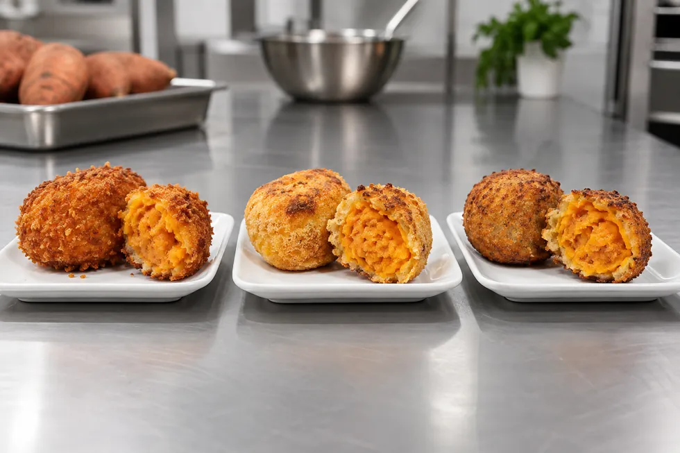 Croquette samples with different heat finishes