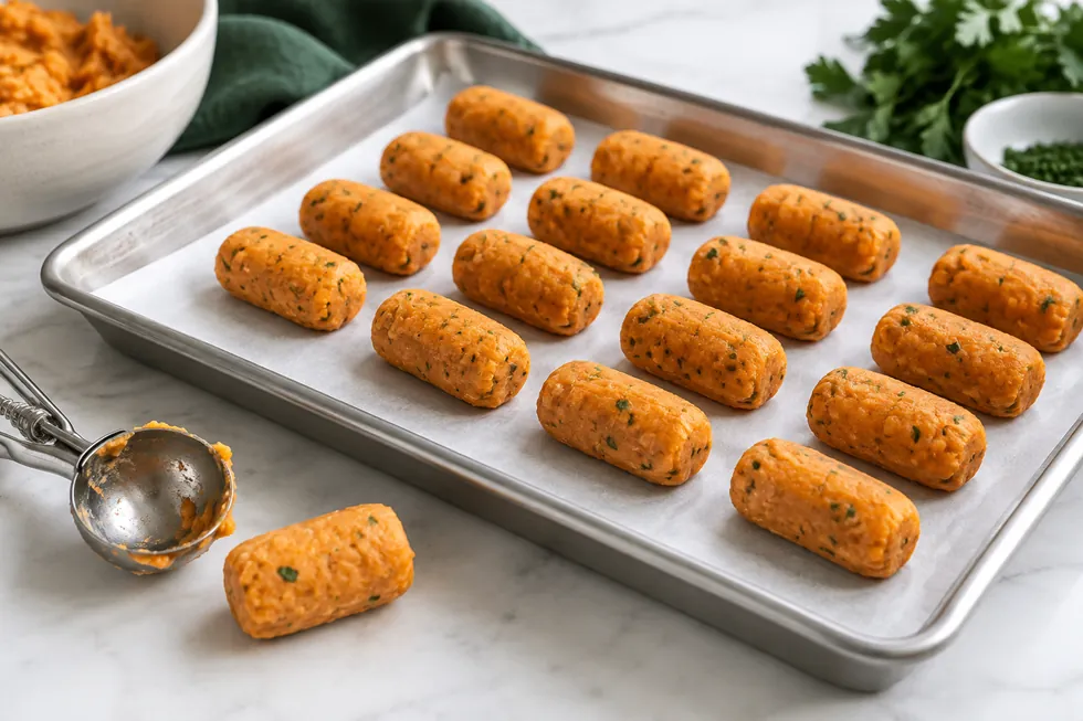 Formed sweet potato portions on a tray