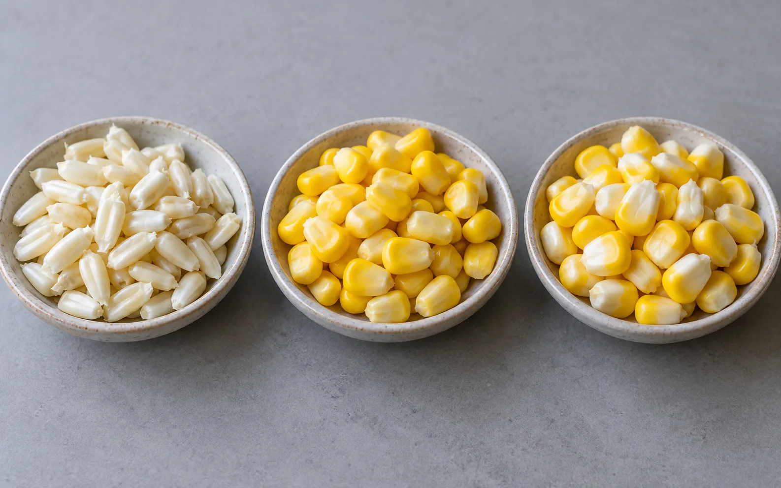 White, yellow and mixed-color sweet-corn kernels in separate bowls