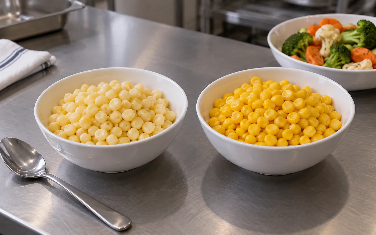 Pale and yellow corn samples compared in bowls after cooking