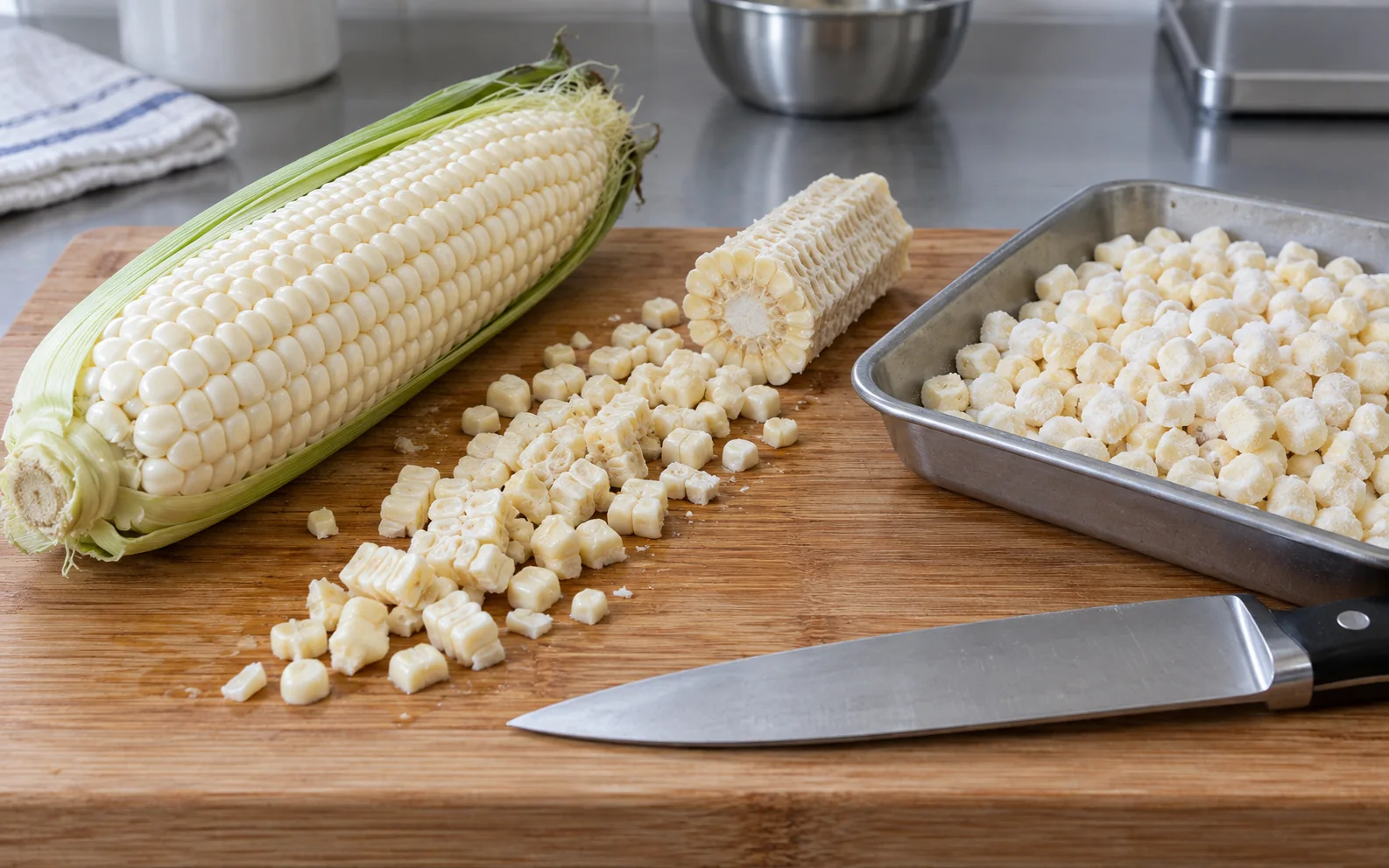 White corn ear, cut kernels and frozen kernels at a worktable