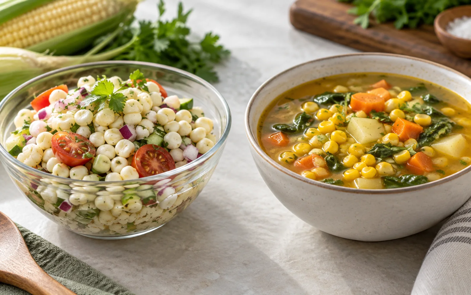 Pale-kernel corn salad beside yellow-corn soup