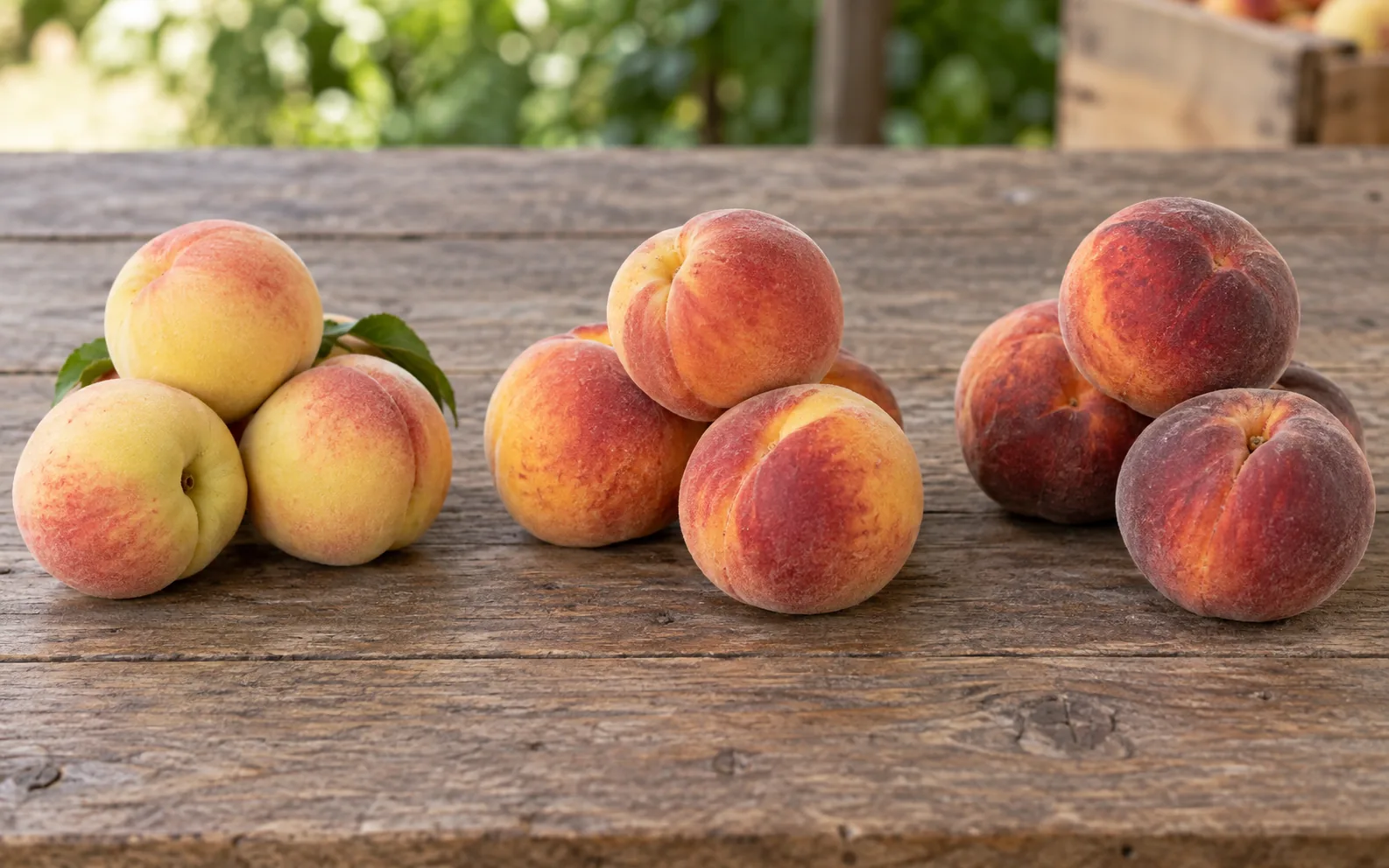 Three illustrative groups of peaches with differing appearance