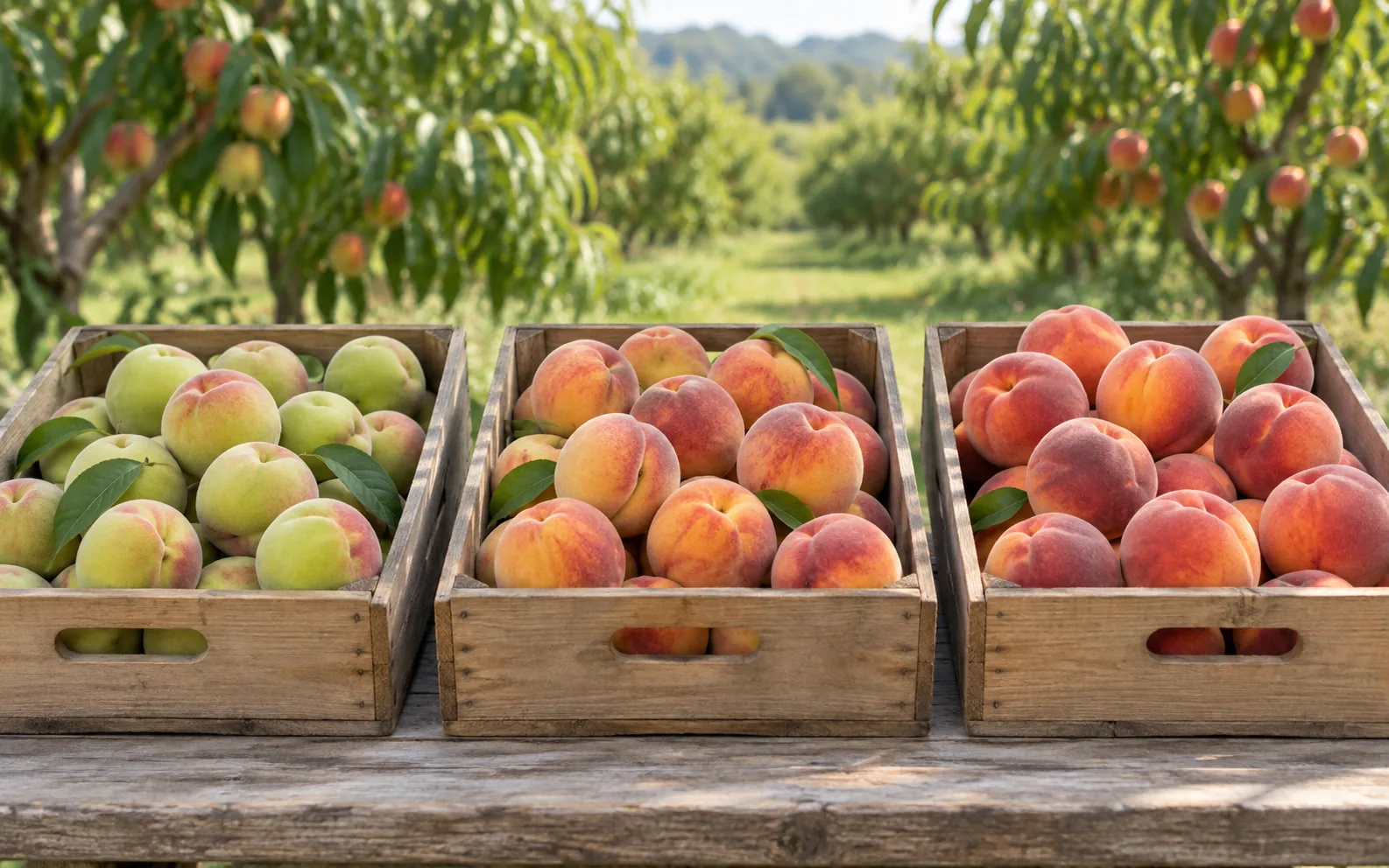Peach crates representing early, middle and late harvest stages