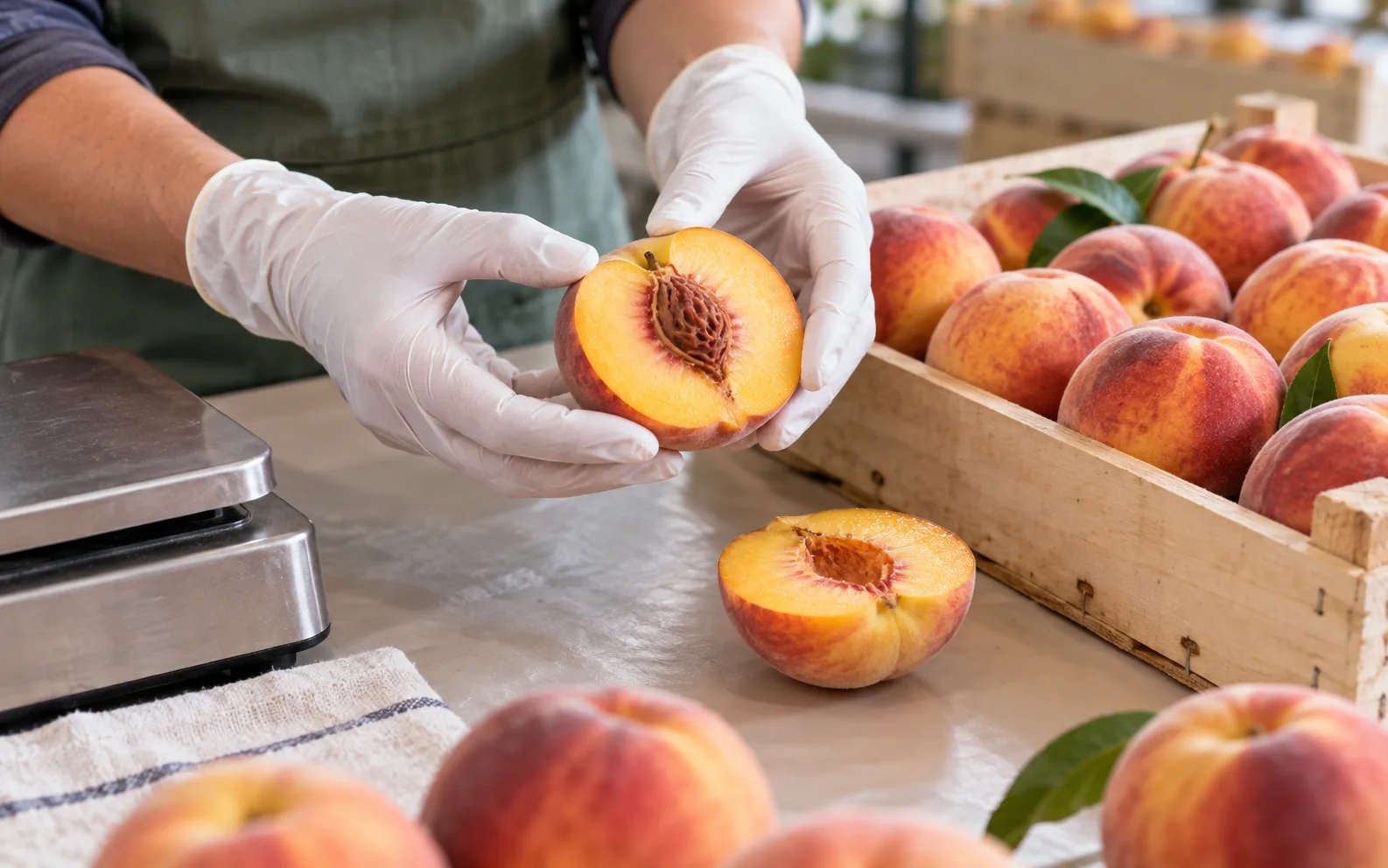 Peach cut open for maturity inspection at a packing table