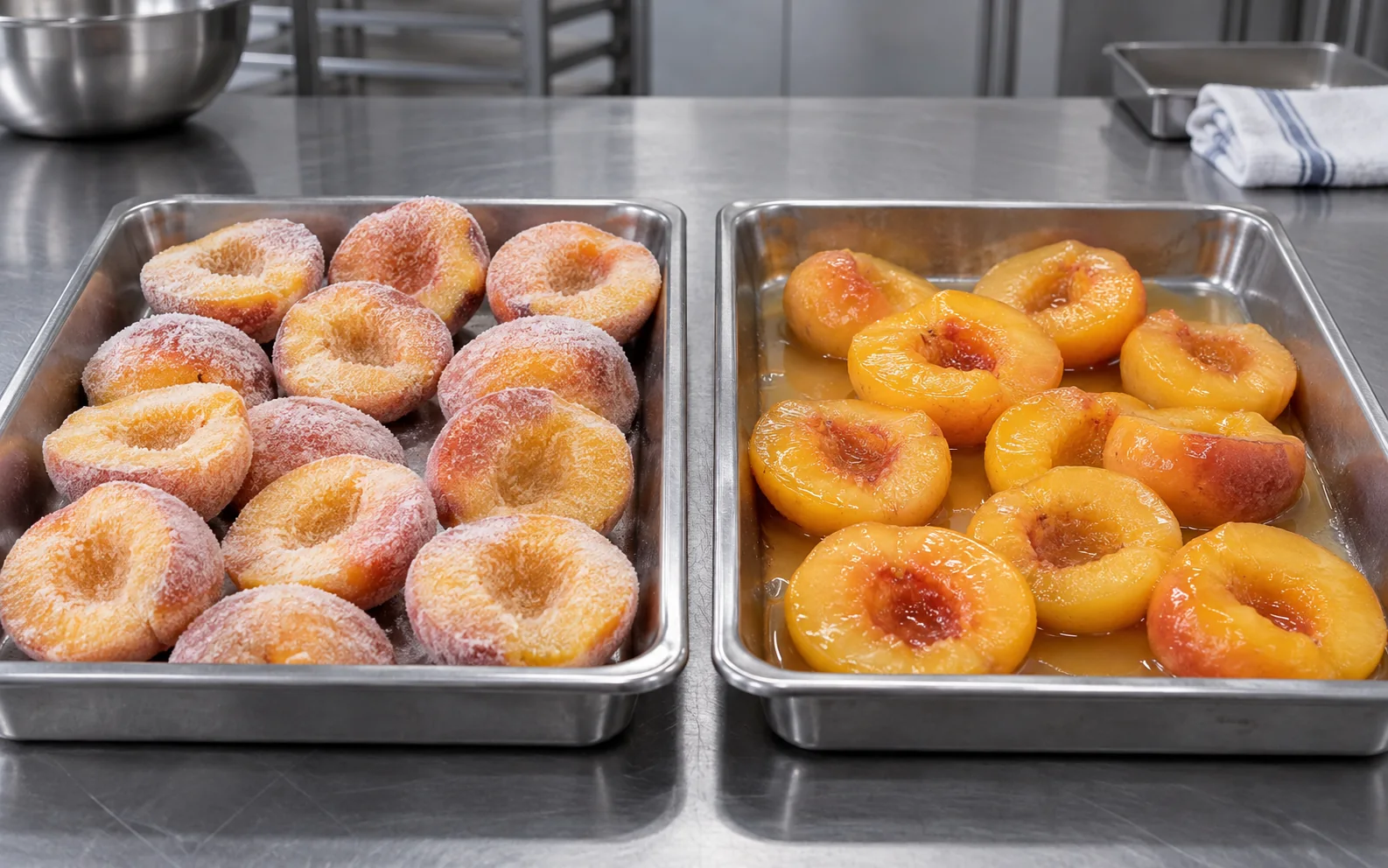 Illustrative frozen and thawed peach halves side by side