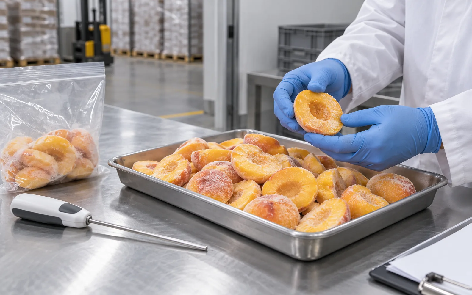 Frozen peach halves inspected at a receiving table