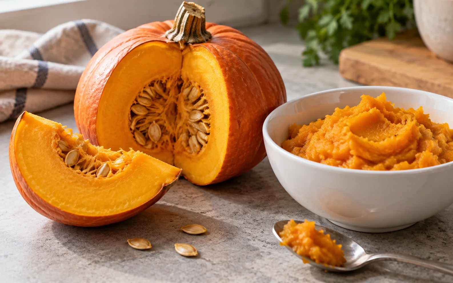 Cut cooking pumpkin beside a bowl of cooked pumpkin puree