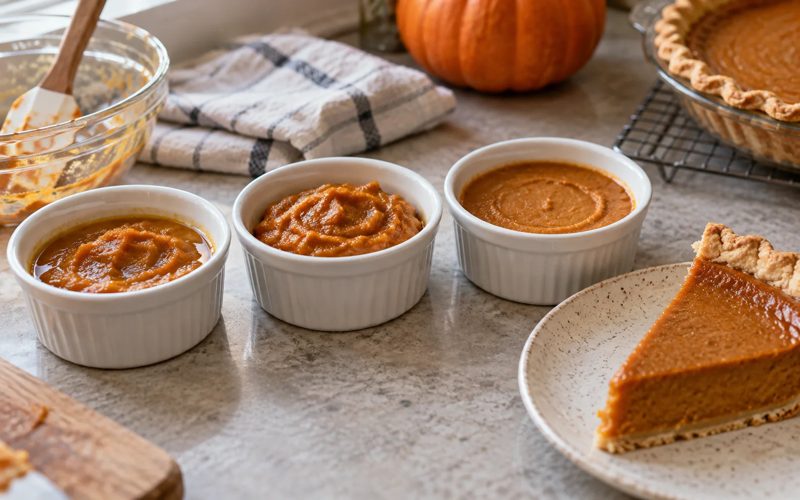 Three pumpkin puree textures compared beside a baked pie