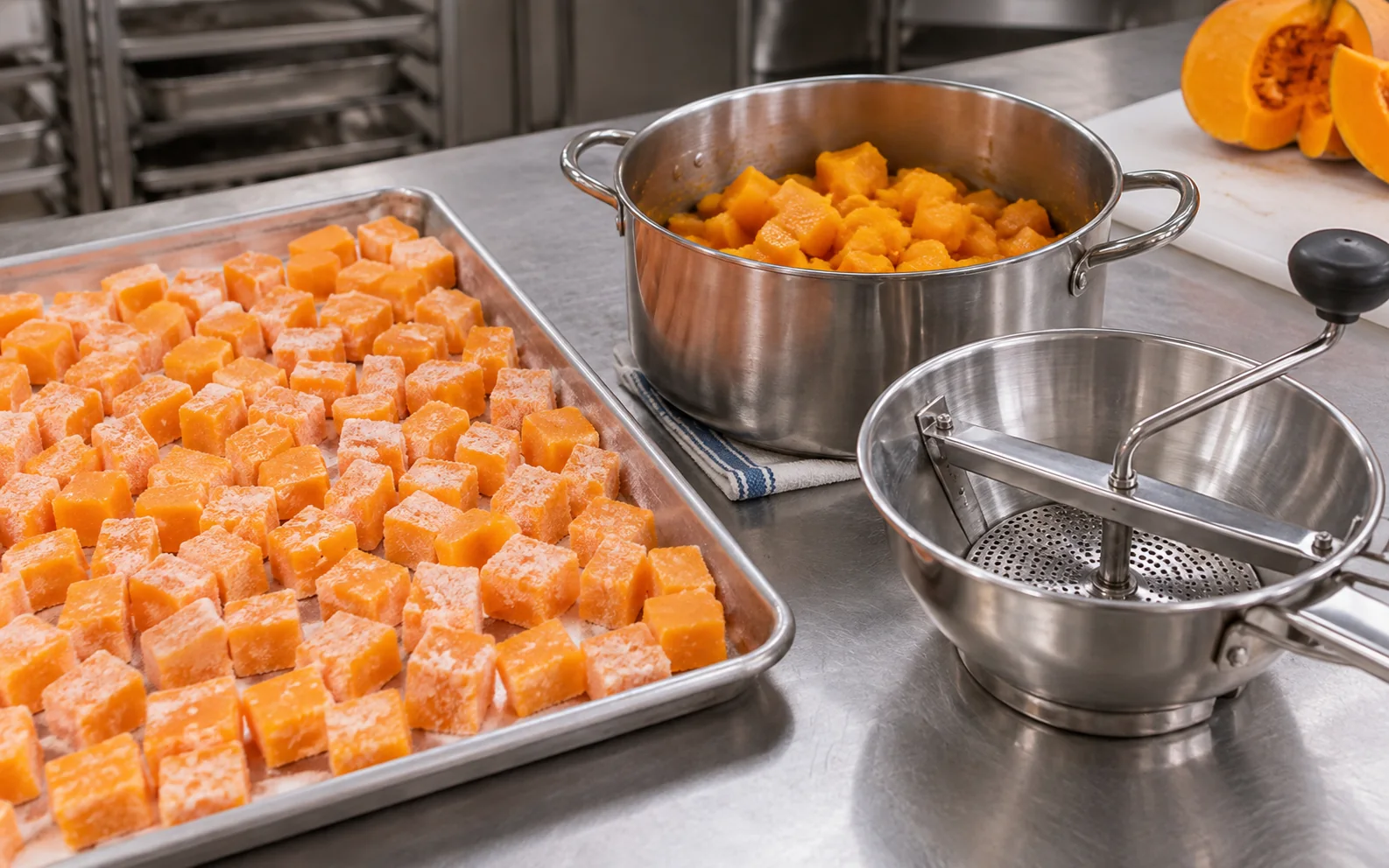 Frozen pumpkin cubes beside cooked pieces and a puree mill