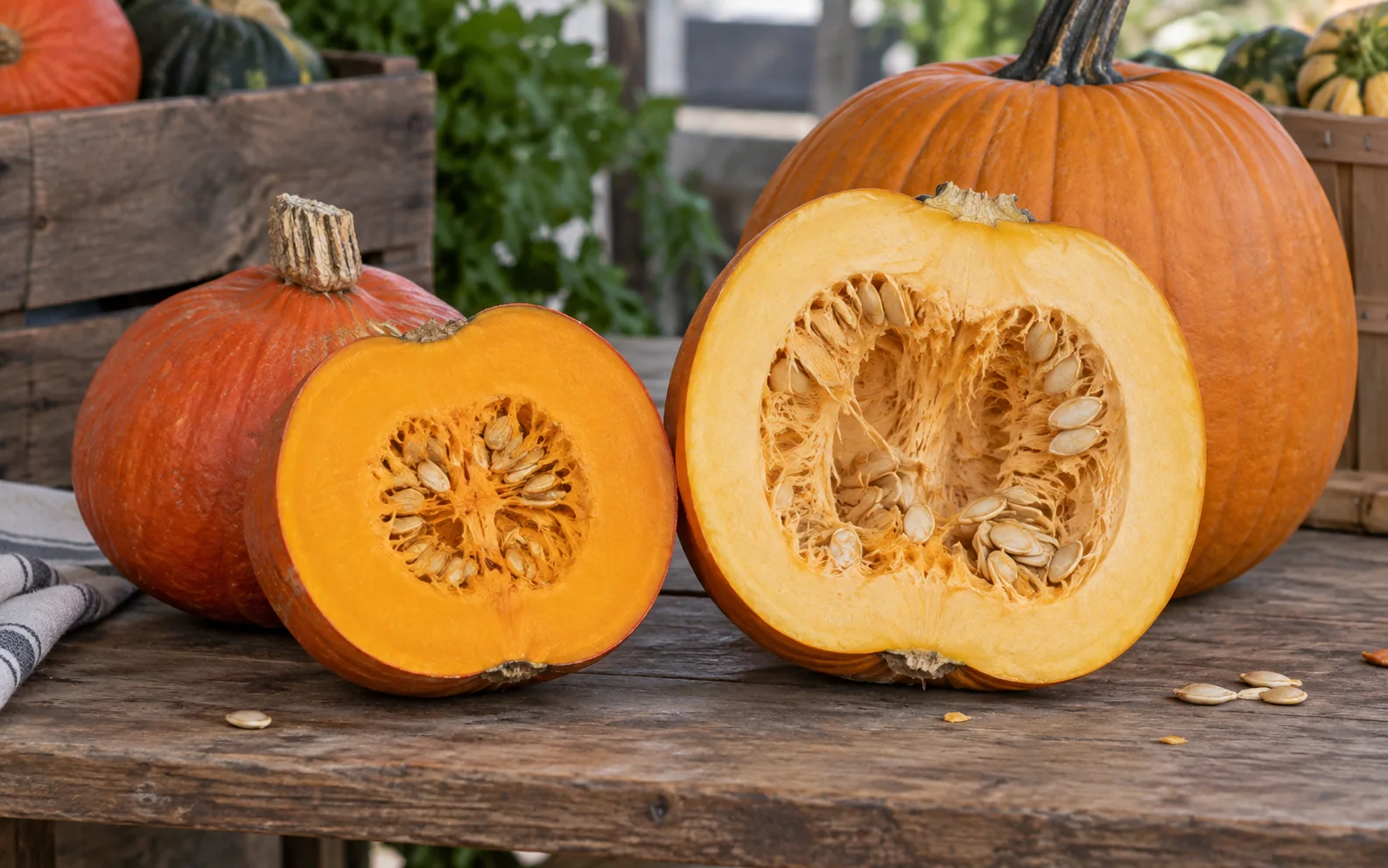 Small cooking pumpkin and large carving pumpkin shown with cut flesh