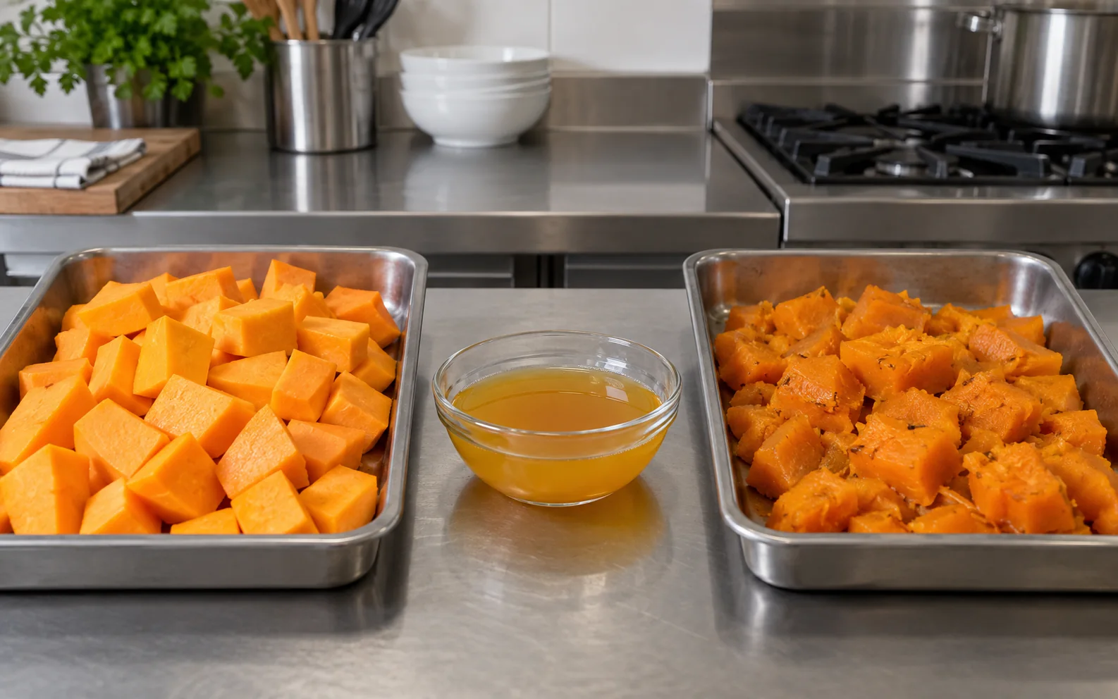 Raw pumpkin cubes, separated liquid and cooked cubes in a trial kitchen