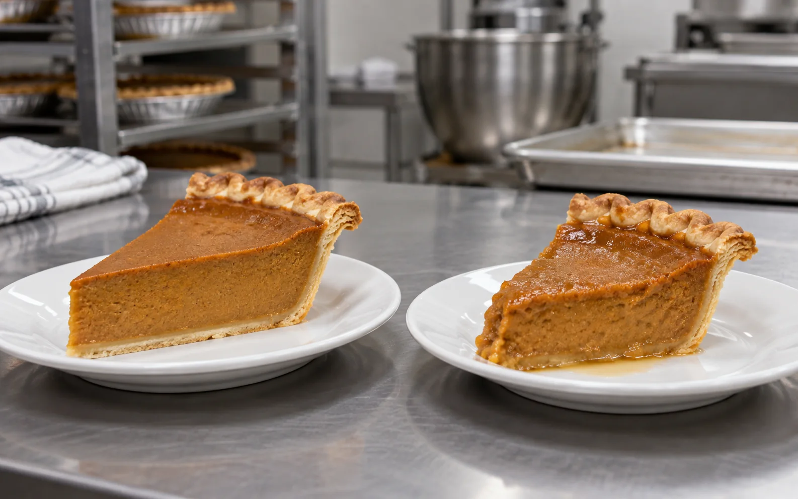 Two baked pumpkin pie slices compared for firm and loose filling set