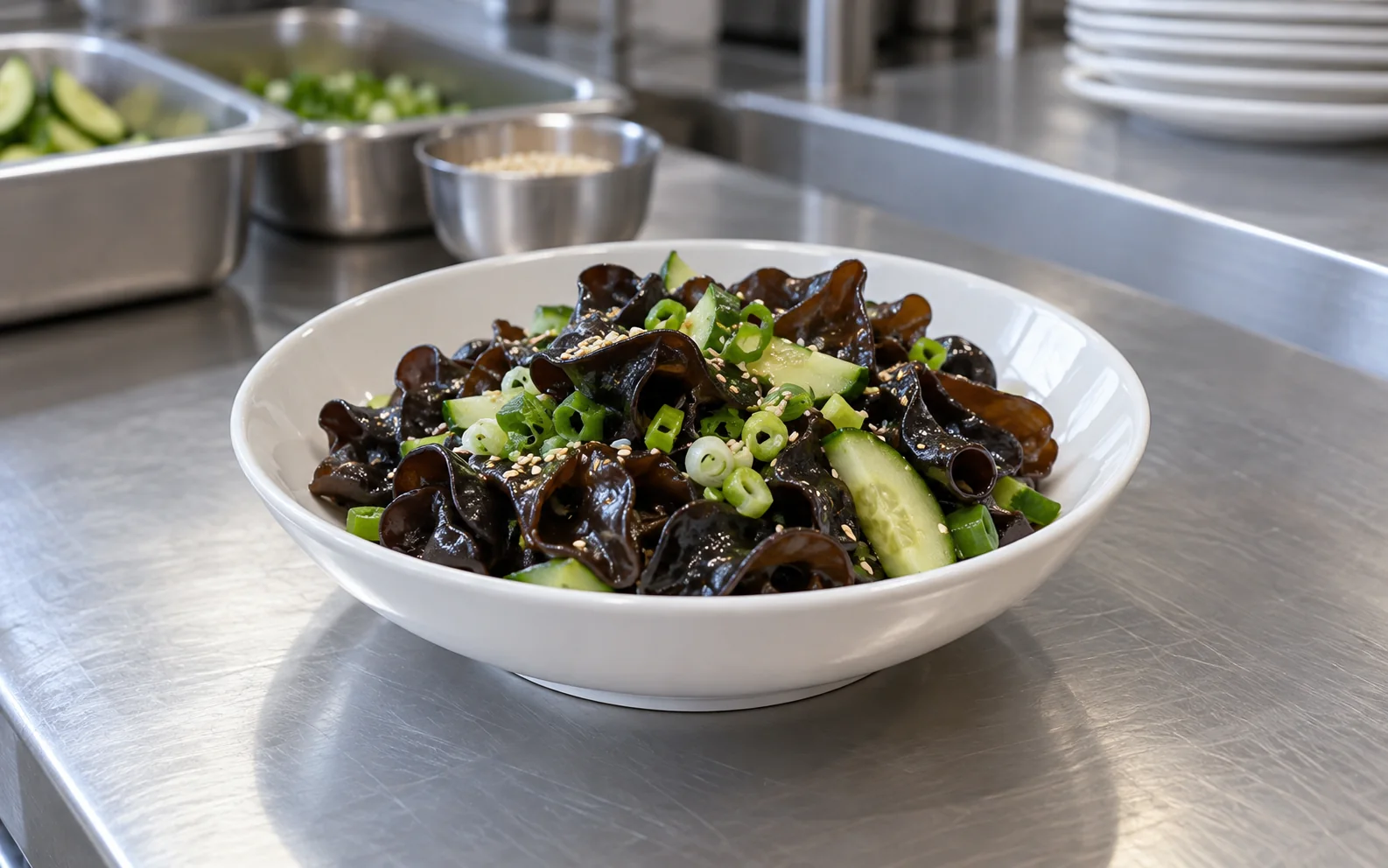 Wood ear mushroom salad with cucumber and scallion in a white bowl