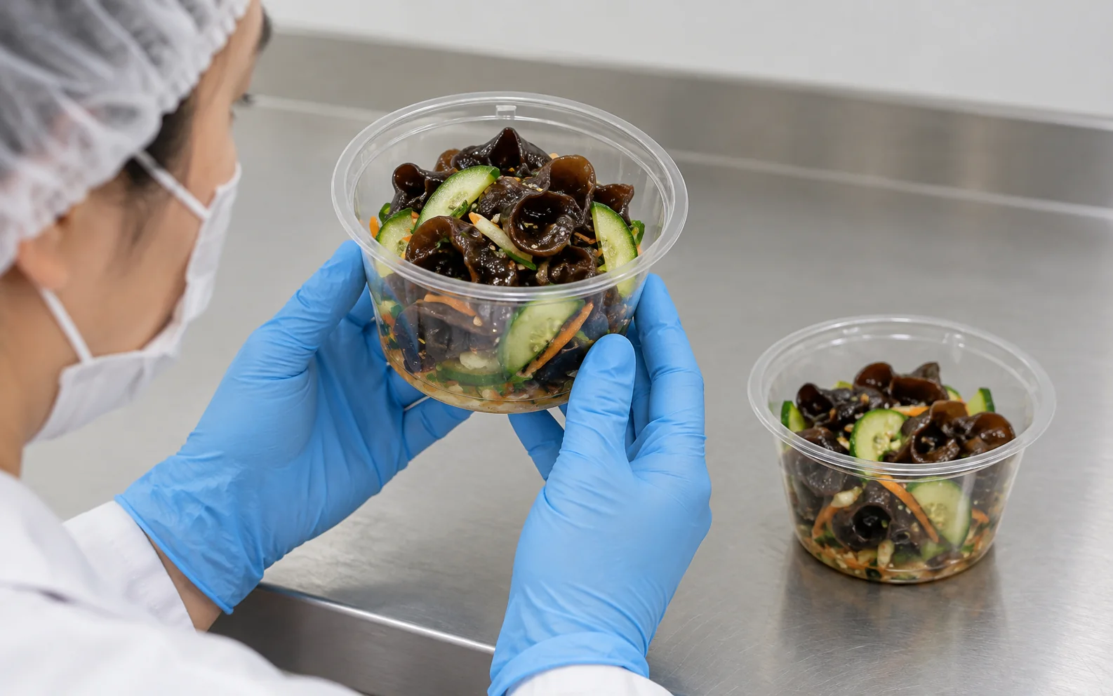 Worker inspects a clear cup of wood ear salad beside a comparison cup