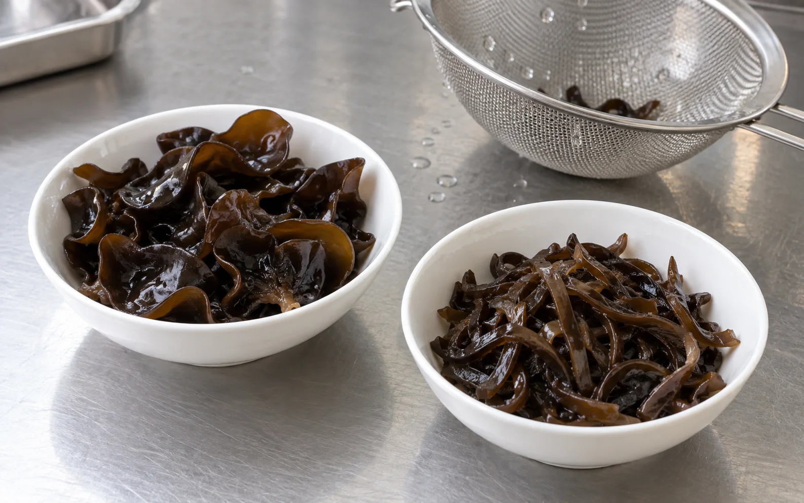 Cooked whole and strip-cut wood ear portions after draining
