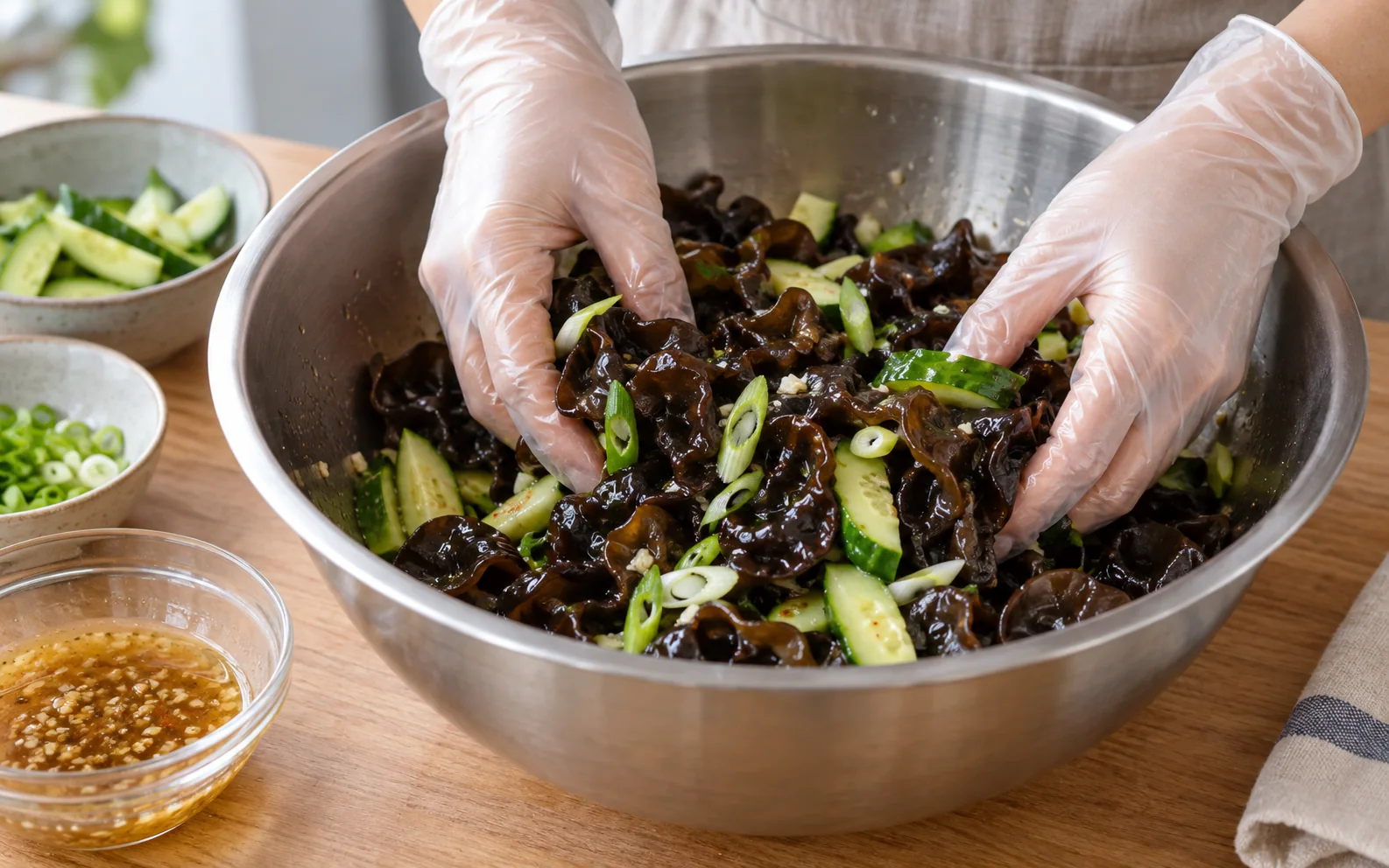 Wood ear, cucumber and scallion mixed with dressing in a bowl