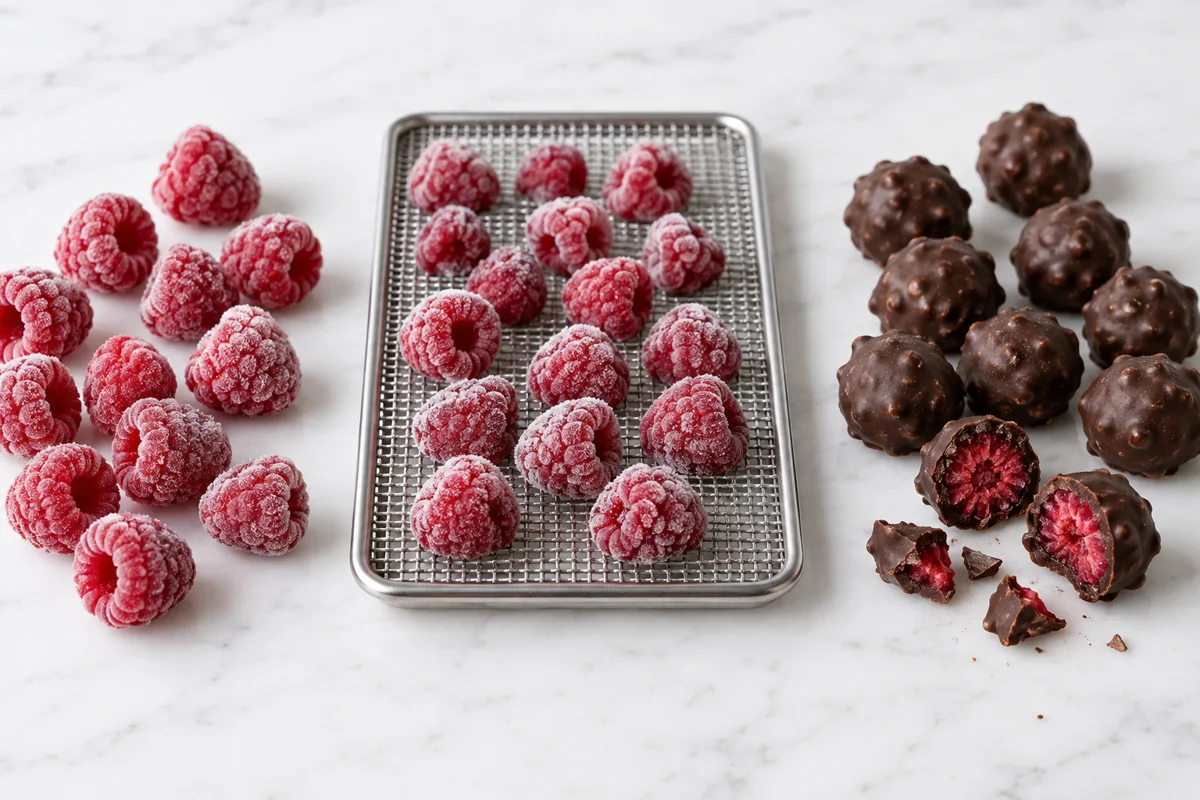 Whole frozen berries, handling tray and coated output in a sample trial.