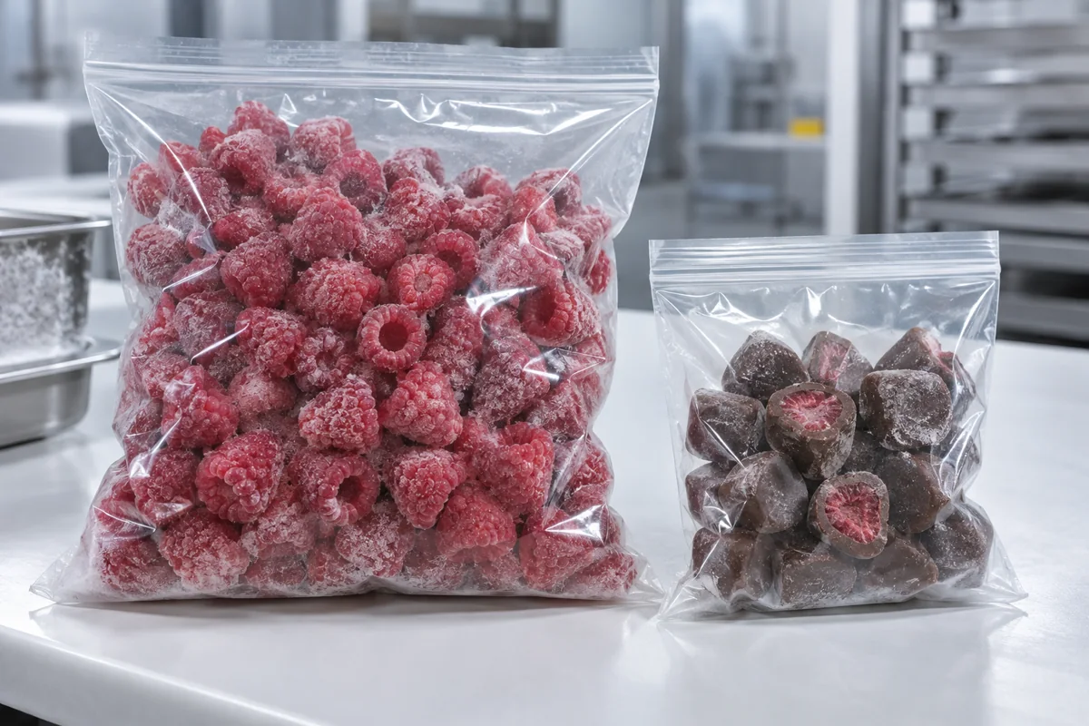Separate sealed frozen raspberry and chocolate-coated sample packs.