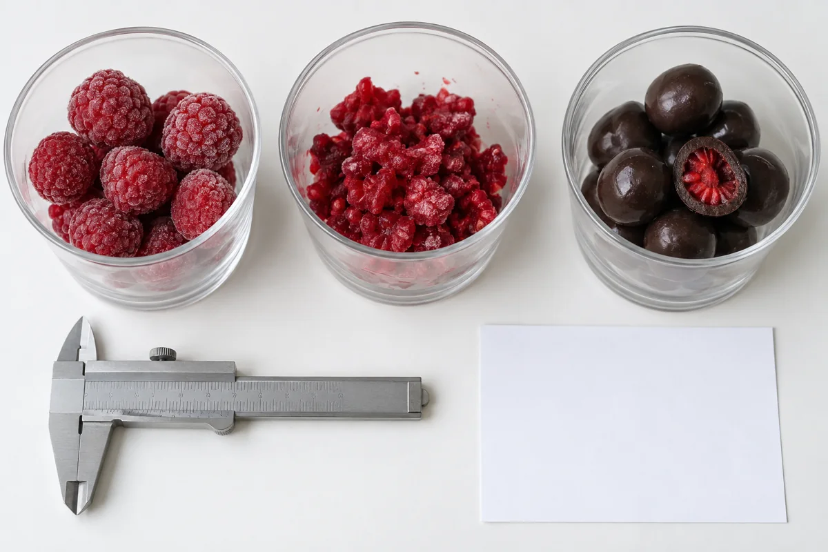 Separate whole, broken and chocolate-coated raspberry trial cups.