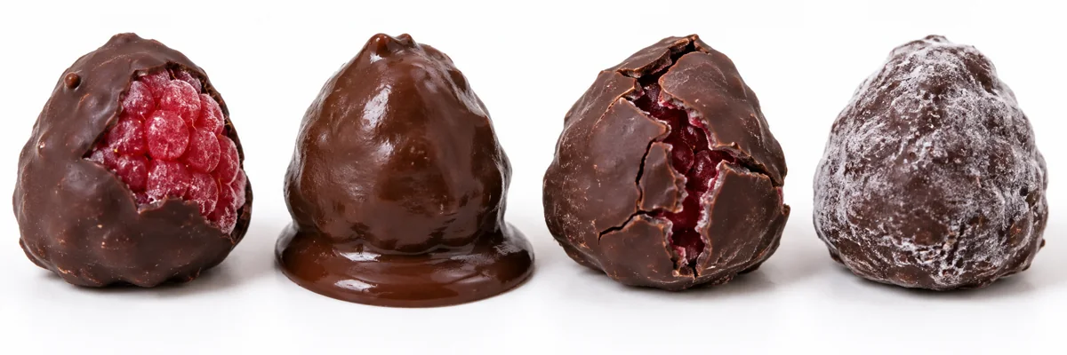 Exposed fruit, pooled coating, fractured shell and surface bloom.