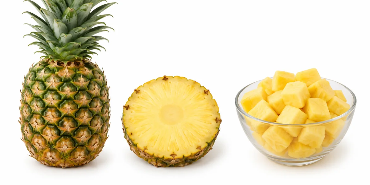 Pineapple fruit beside flesh slice and dice.