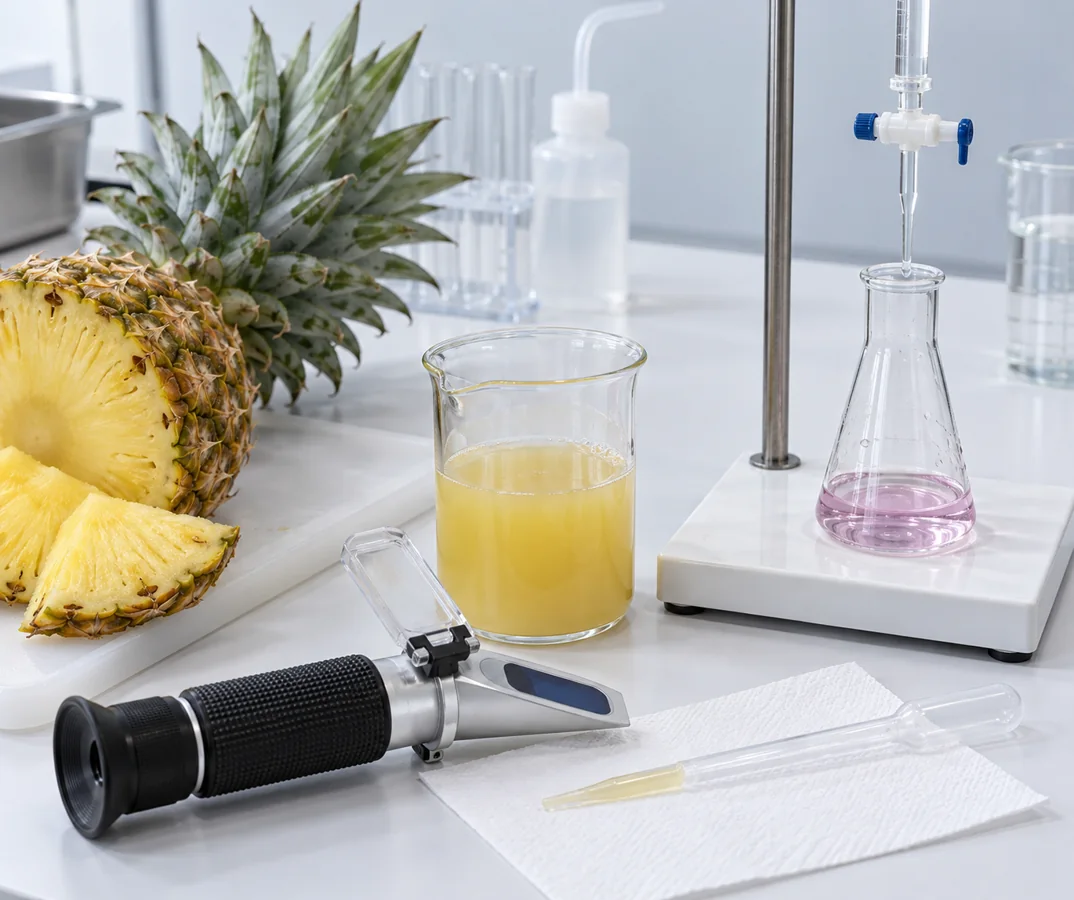 Separate refractometer and acidity test setup beside pineapple juice.