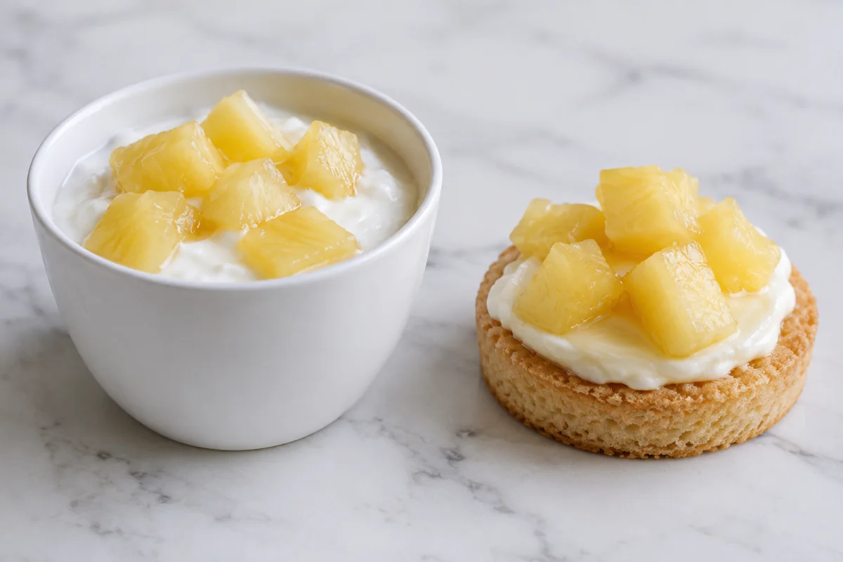 Pineapple pieces in yogurt and on pastry test surfaces.